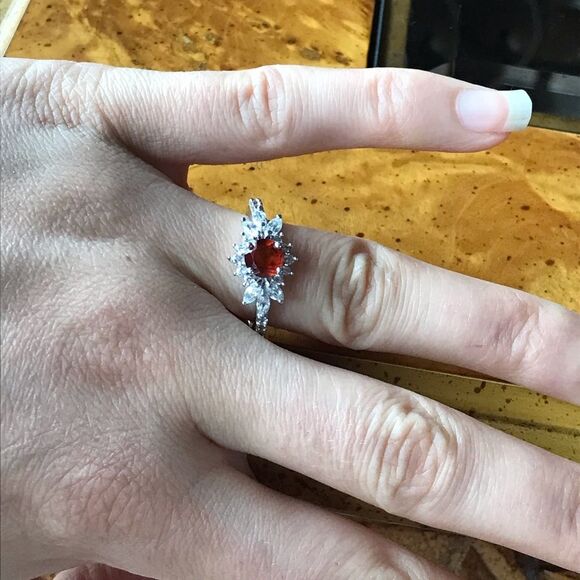 Natural Orange Red Garnet Sterling Silver Ring Size 7 - Picture 2 of 9